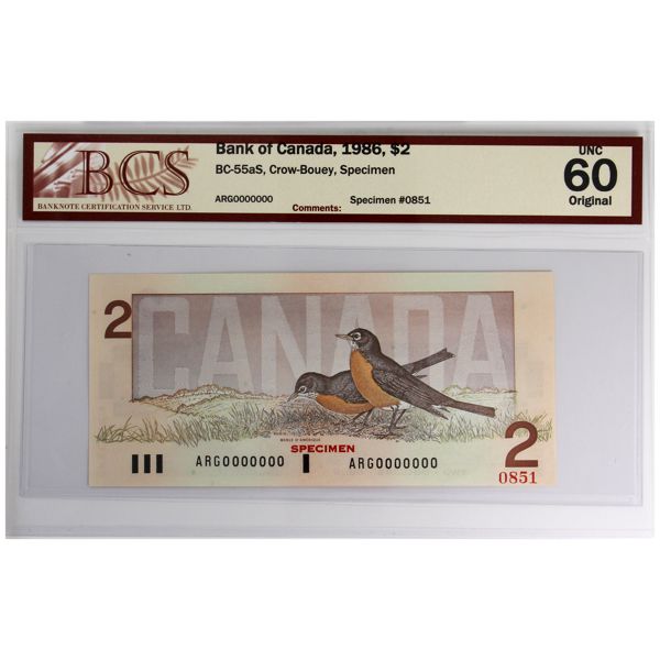 BC-55aS 1986 $2 Specimen BCS UNC60 Original Crow-Bouey SN: ARG0000000, #0851