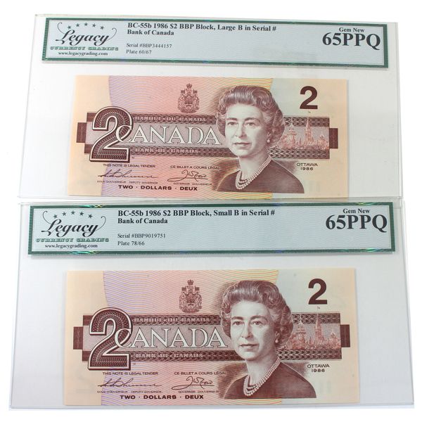 BC-55b 1986 $2 Legacy GUNC65 Thiessen-Crow Lrg B in SN: BBP3444157 & Sml B in SN: BBP9019751. 2pcs