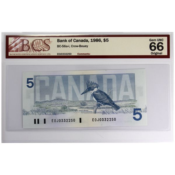 BC-56a-i 1986 $5 BCS GEM UNC66 Original Crow-Bouey SN: EOJ0332250.