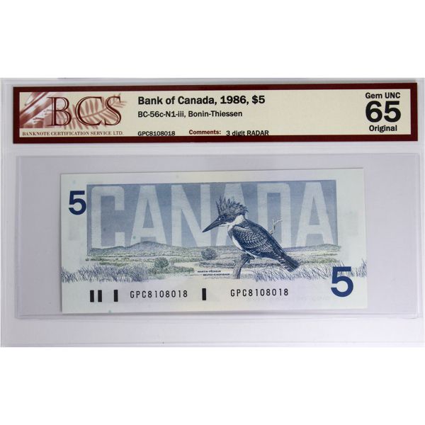 RADAR BC-56c-N1-iii 1986 $5 GPC8108018 BCS GEM UNC65 Original. Bonin-Thiessen. 3 Digit Radar