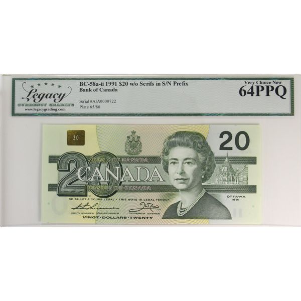 BC-58a-ii 1991 $20 Low Serial # AIA0000722 Legacy CUNC64 PPQ Thiessen-Crow, w/o Serifs