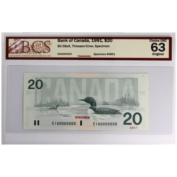 BC-58aS 1991 $20 Specimen BCS CUNC63 Original Thiessen-Crow SN: EIA0000000, #0851