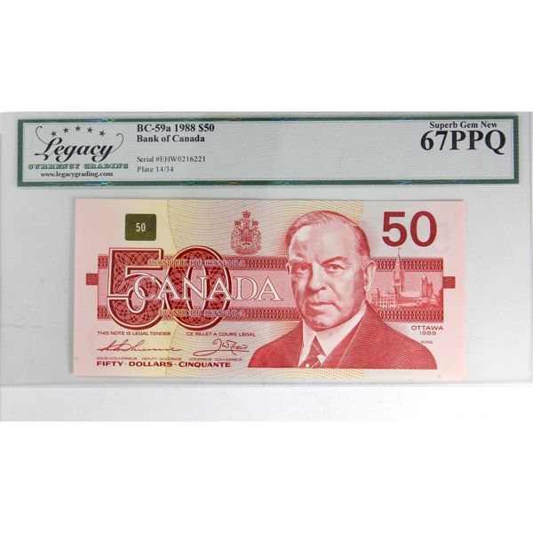 BC-59a 1988 $50 Legacy Superb Gem UNC67 PPQ Thiessen-Crow SN: EHW0216221 