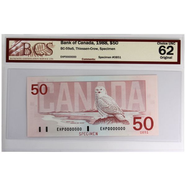 BC-59aS 1988 $50 Specimen BCS CUNC62 Original Thiessen-Crow SN: EHP0000000, #0851