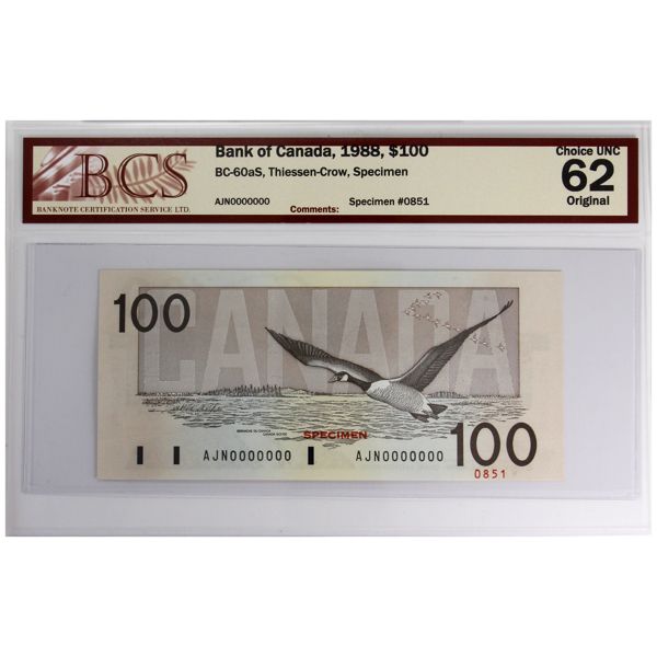 BC-60aS 1988 $100 Specimen BCS CUNC62 Original Thiessen-Crow SN: AJN0000000, #0851