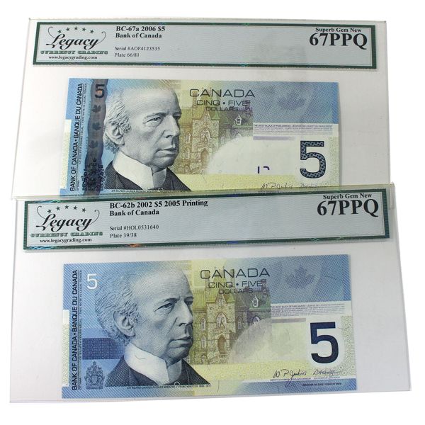 Legacy GUNC67 PPQ BC-62b 2002 $5 HOL & BC-67a 2006 $5 AOF Jenkins-Dodge. 2pcs