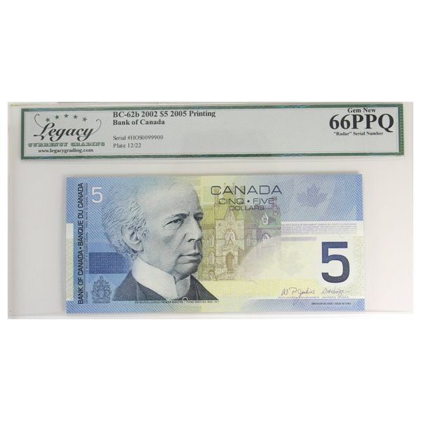 RADAR BC-62b 2002 $5 HOS0099900 Legacy GEM UNC66 PPQ Jenkins-Dodge. 2-Digit Radar