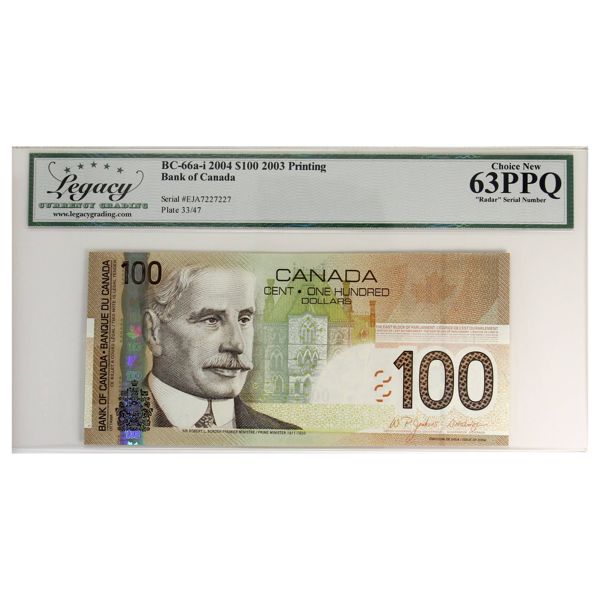 RADAR BC-66a-i 2004 $100 EJA7227227 Legacy CUNC63 PPQ Jenkins-Dodge. 2-Digit Radar (2003 Printing)