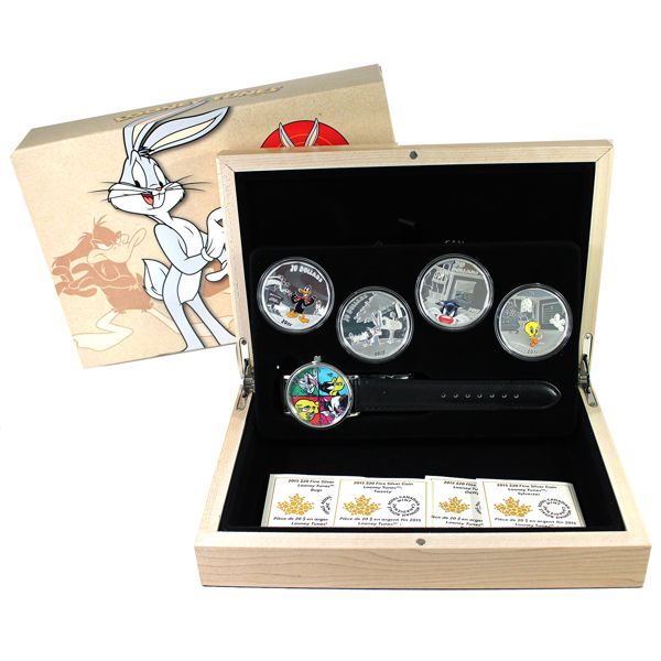 2015 $20 Looney Tunes Classic Scenes 4-coin Fine Silver Set with Wristwatch (Tax Exempt)
