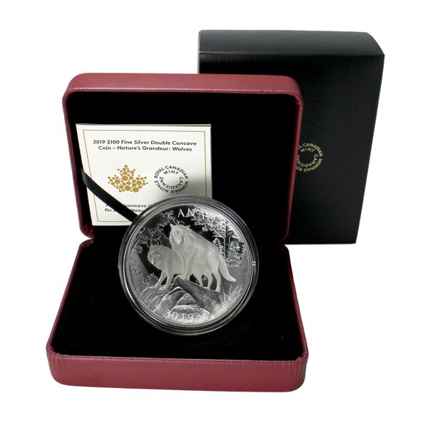 2019 $100 Nature's Grandeur-Wolves, Double Concave, Fine Silver Coin. Mintage of 500!! (Tax Exempt)