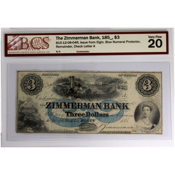 815-12-08-04R 185_ The Zimmerman Bank $3 BCS VF20 Elgin, Bl Numeral Protector, Remainder, Chk Ltr A