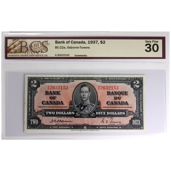 BC-22a 1937 $2 BCS VF30 Osborne-Towers SN: A/B2632153