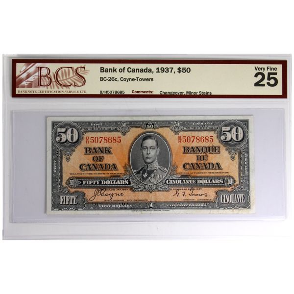 BC-26c 1937 $50 BCS VF25 Coyne-Towers SN: B/H5078685