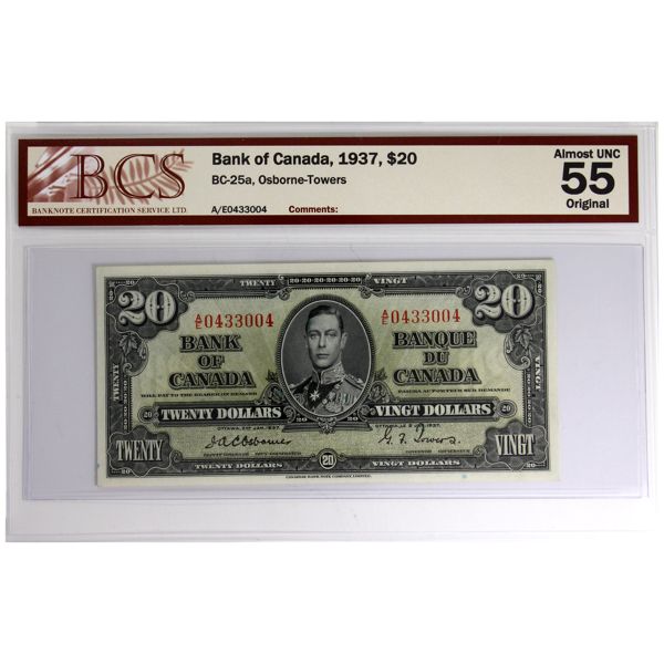BC-25a 1937 $20 BCS AU55 Original Osborne-Towers SN: A/E0433004