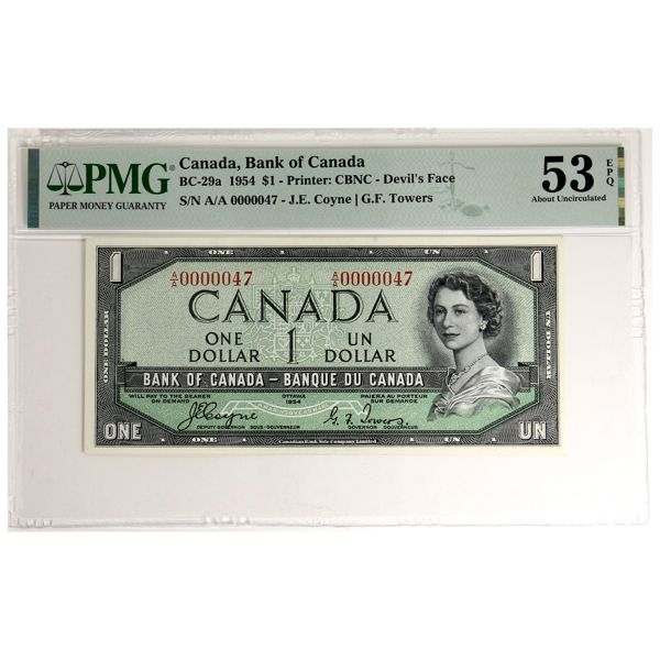 BC-29a 1954 $1 Devil's Face Low Serial # PMG AU53 EPQ Coyne-Towers SN: A/A0000047