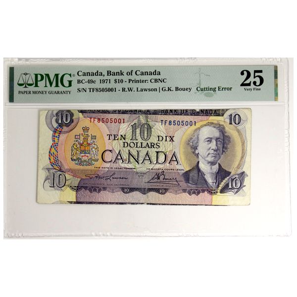 ERROR BC-49c 1971 $10 Cutting Error PMG VF25 Lawson-Bouey SN: TF8505001