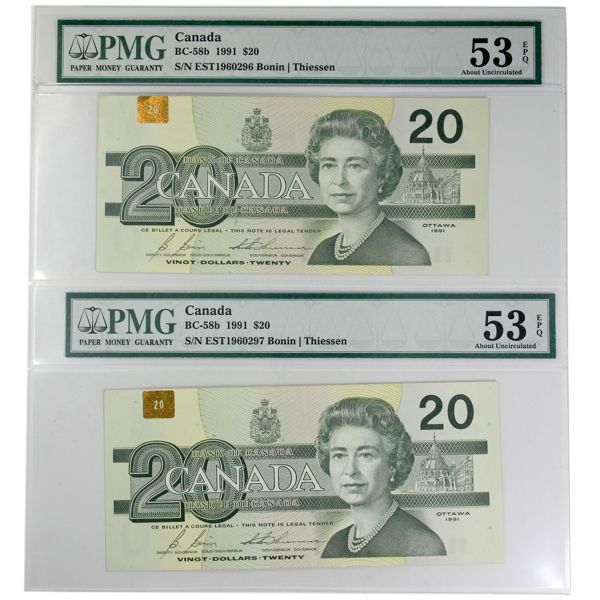 ERRORS 2x Consecutive BC-58b 1991 $20 Misaligned Hologram PMG AU53 EPQ Bonin-Thiessen. 2pcs