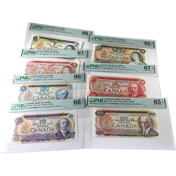 Set of 7x 1971-1979 Multicolour Low Serial # Matching Set (0000742) PMG GUNC65 to 67. 7pcs