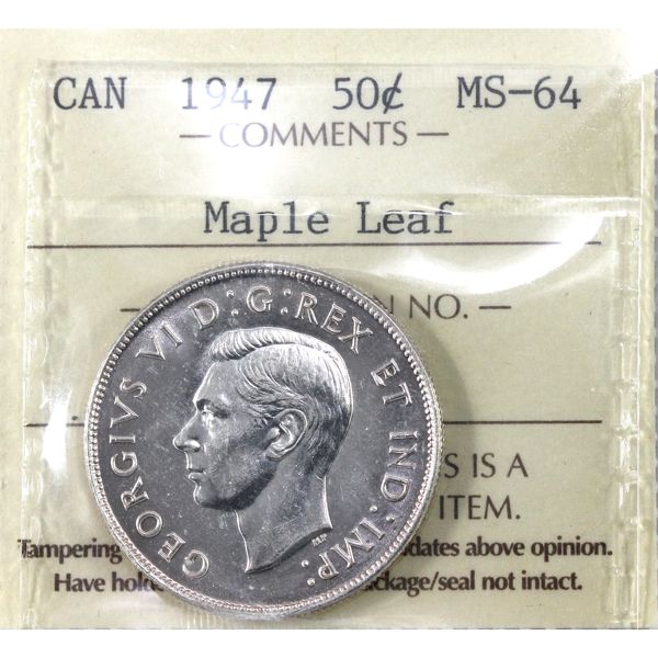 50-cent 1947 Maple Leaf ICCS MS64