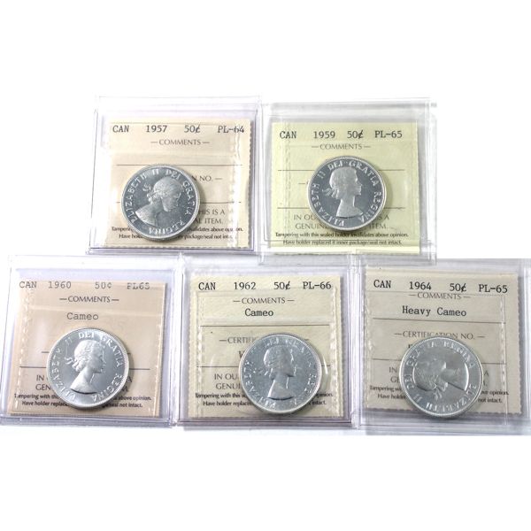 50-cent ICCS 1957 PL64, 1959 PL65 Cameo, 1960 PL65 Cameo, 1962 PL66 Cameo & 1964 PL65 HC. 5pcs