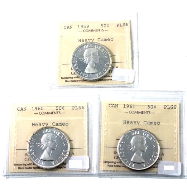 50-cent 1959, 1960, & 1961 ICCS PL66 Heavy Cameo. 3pcs
