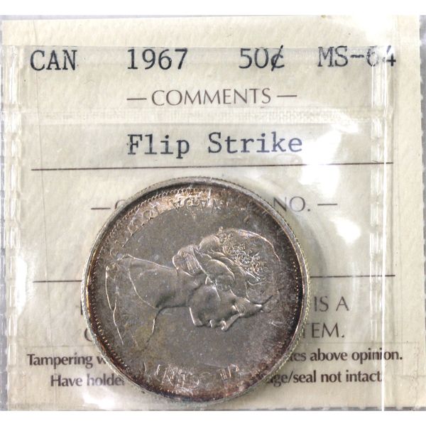 ERROR 50-cent 1967 Flip Strike ICCS MS64. Only 26 known to exist!