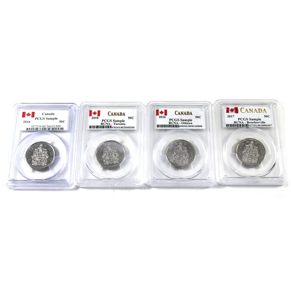RCNA PCGS 50-cent Issued Samples; 2014 Sample; 2016 Ottawa; 2017 Boucherville & 2018 Toronto. 4pcs.