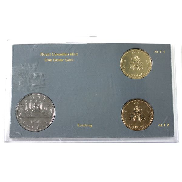 Test Token 1985 3-piece $1 Set w/1985 Nickel Dollar & Gold and Bronze Plated Test Tokens