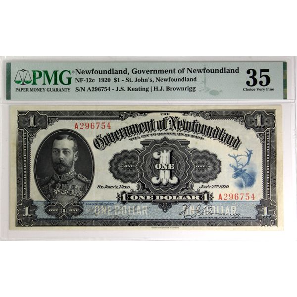NF-12c 1920 $1 Government of Newfoundland PMG Choice VF35. Keating-Brownrigg *Scare Signature Type*