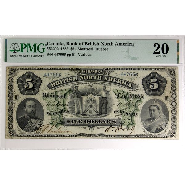 55-22-02 1886 $5 Bank of British North America PMG VF20. S/N: 447666 ppB