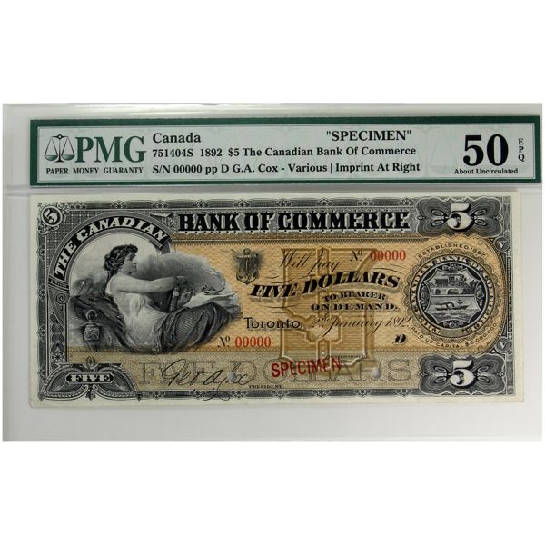 75-14-04S 1892 $5 Bank of Commerce Specimen PMG AU50 EPQ Cox-Various, Imprint at Right SN: 00000 ppD