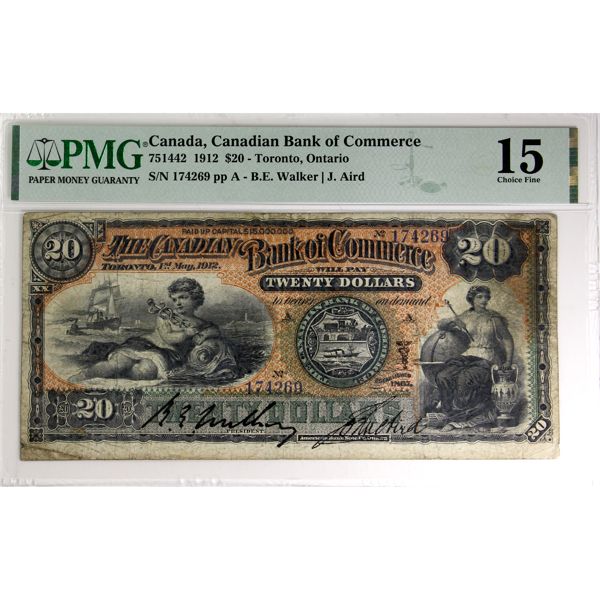 75-14-42 1912 $20 Canadian Bank of Commerce PMG Choice F15. Walker-Aird S/N: 174269 ppA. 