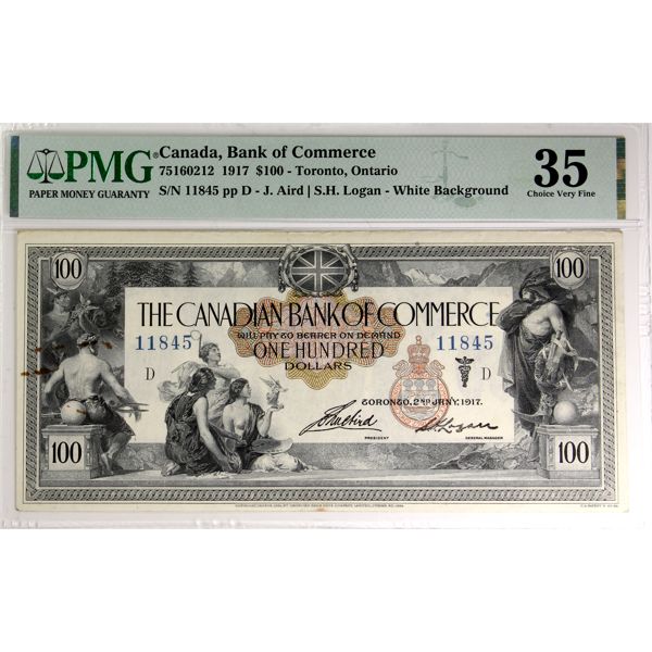 75-16-02-12 1917 $100 Canadian Bank of Commerce PMG Choice VF35 (rust) Aird-Logan, White Background.