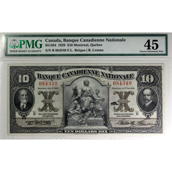 85-12-04 1929 $10 Banque Canadienne Nationale PMG Choice EF45. Beique-Leman 