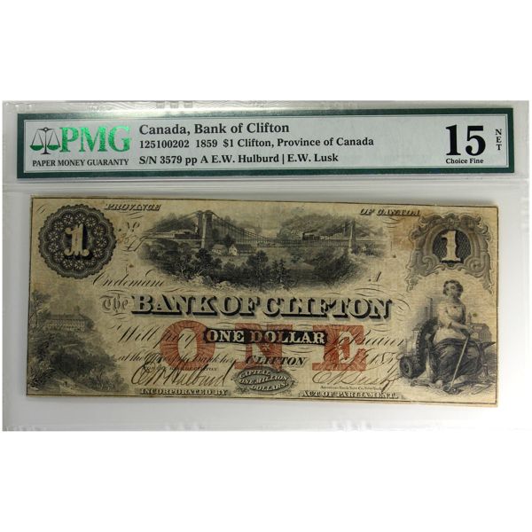 125-10-02-02 1859 $1 Bank of Clifton PMG F15 Hulburd-Lusk SN: 3579 ppA