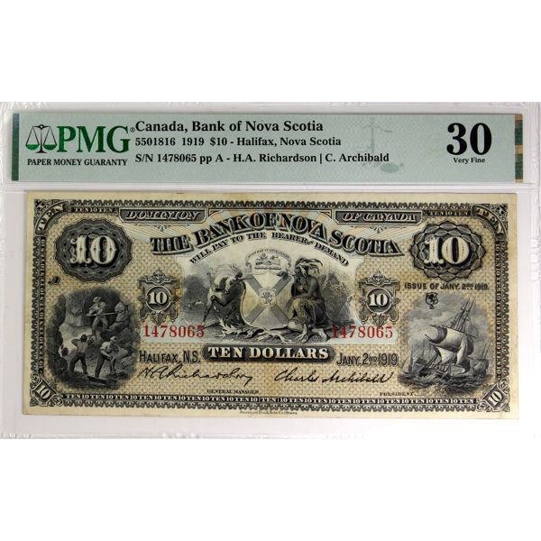 550-18-16 1919 $10 Bank of Nova Scotia PMG VF30. Richardson-Archibald S/N: 1478065 ppA. 