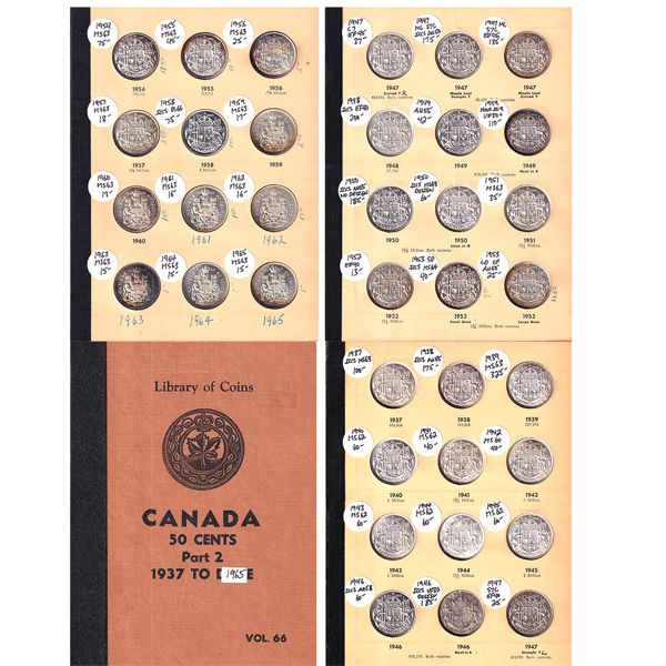 50-cent 1937-1965 Lot Collection. 36x Silver 50-cent Pieces in Library of Coins Album. 36pcs.