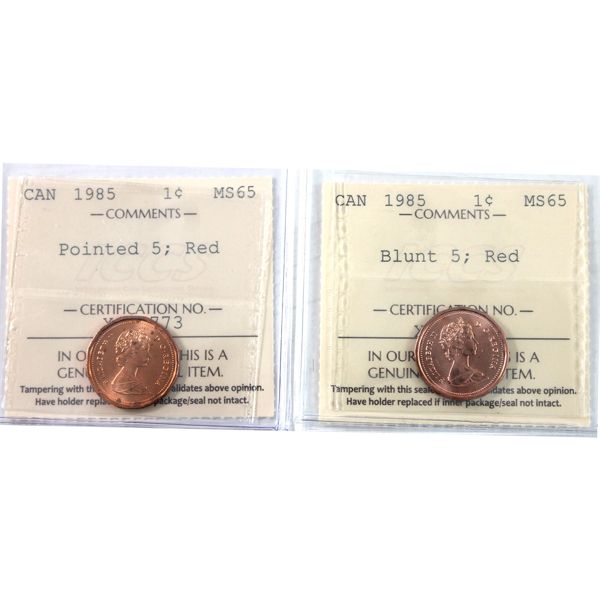 1-cent 1985 Pointed 5 & 1985 Blunt 5 ICCS MS65 Red. 2pcs