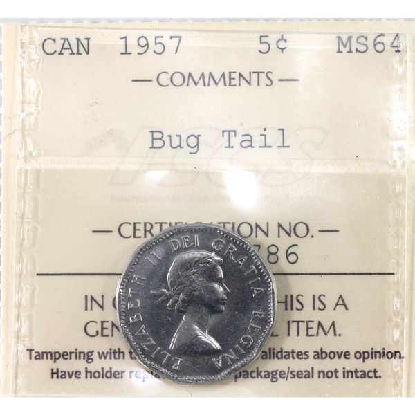 5-cent 1957 Bug Tail ICCS MS64