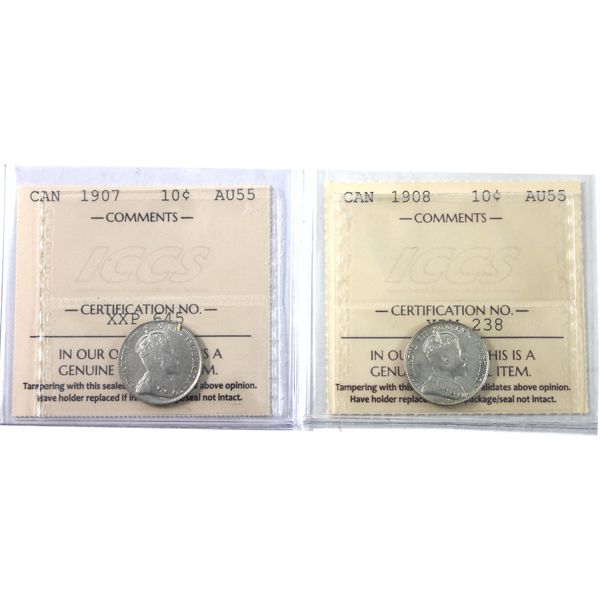 10-cent 1907, 1908 ICCS AU55. 2pcs