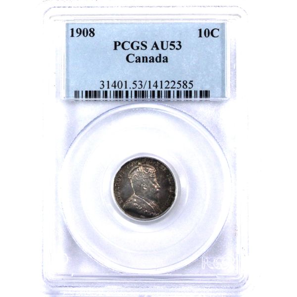 10-cent 1908 PCGS AU53. Attractive Mauve Surfaces with Hints of Mint Lustre!