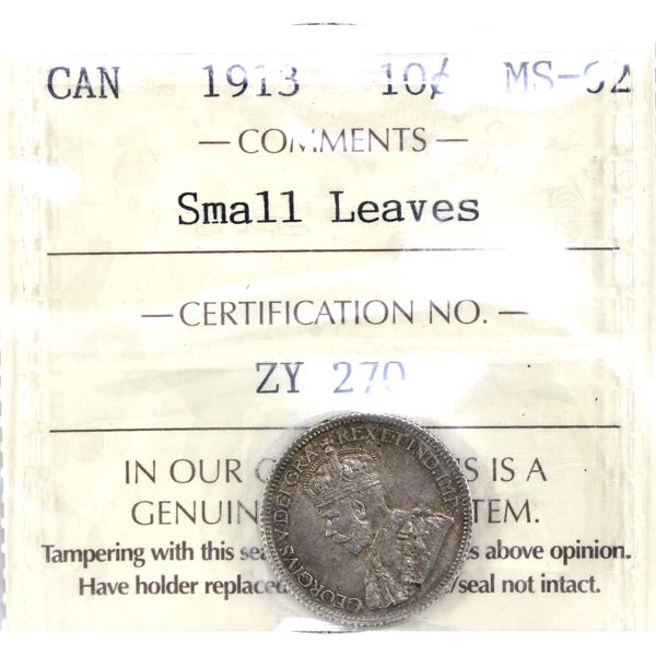 10-cent 1913 Small Leaves ICCS MS62. Deep Russet Hues Throughout.