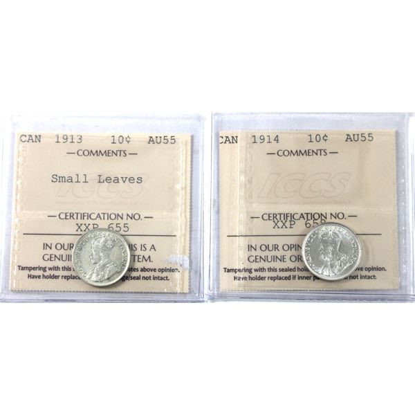 10-cent 1913 Small Leaves & 1914 ICCS AU55. 2pcs