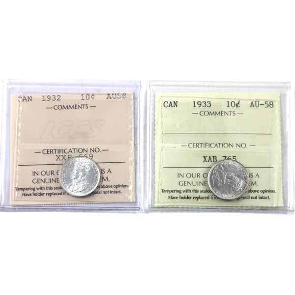 10-cent 1932, 1933 ICCS AU58. 2pcs