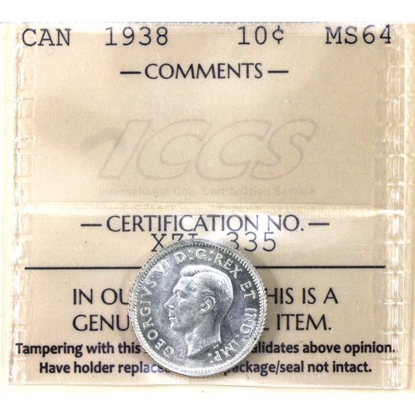 10-cent 1938 ICCS MS64