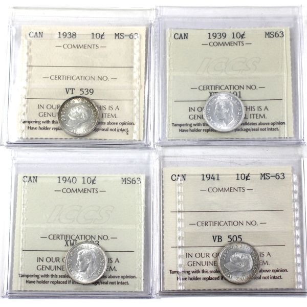 10-cent 1938, 1939, 1940, & 1941, All ICCS MS63. 4pcs. 