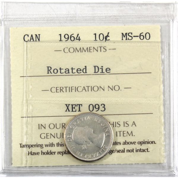 ERROR 10-cent 1964 with 180 Degree Die Rotation ICCS MS60