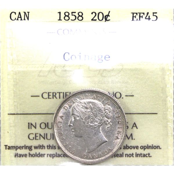 20-cent 1858 Coinage ICCS EF45. Soft Satin Fields. 