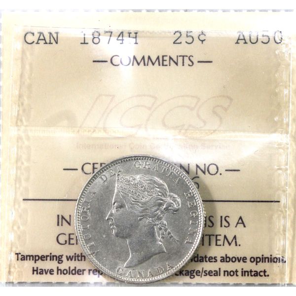 25-cent 1874H ICCS AU50