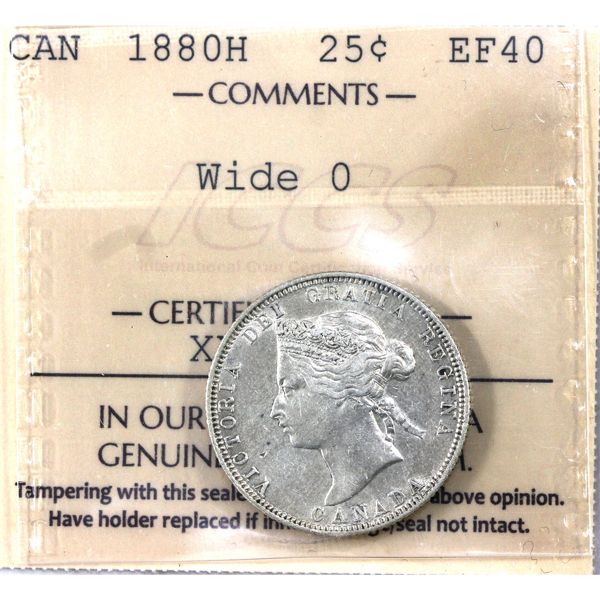 25-cent 1880H Wide 0 ICCS EF40. Rare Variety!